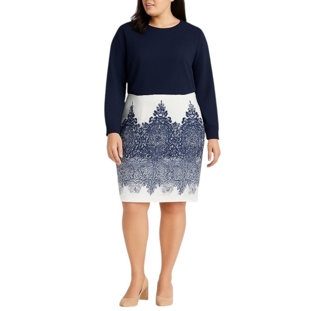 Lane Bryant Straight Pencil Skirt White Blue Scroll Print Women’s Size 18